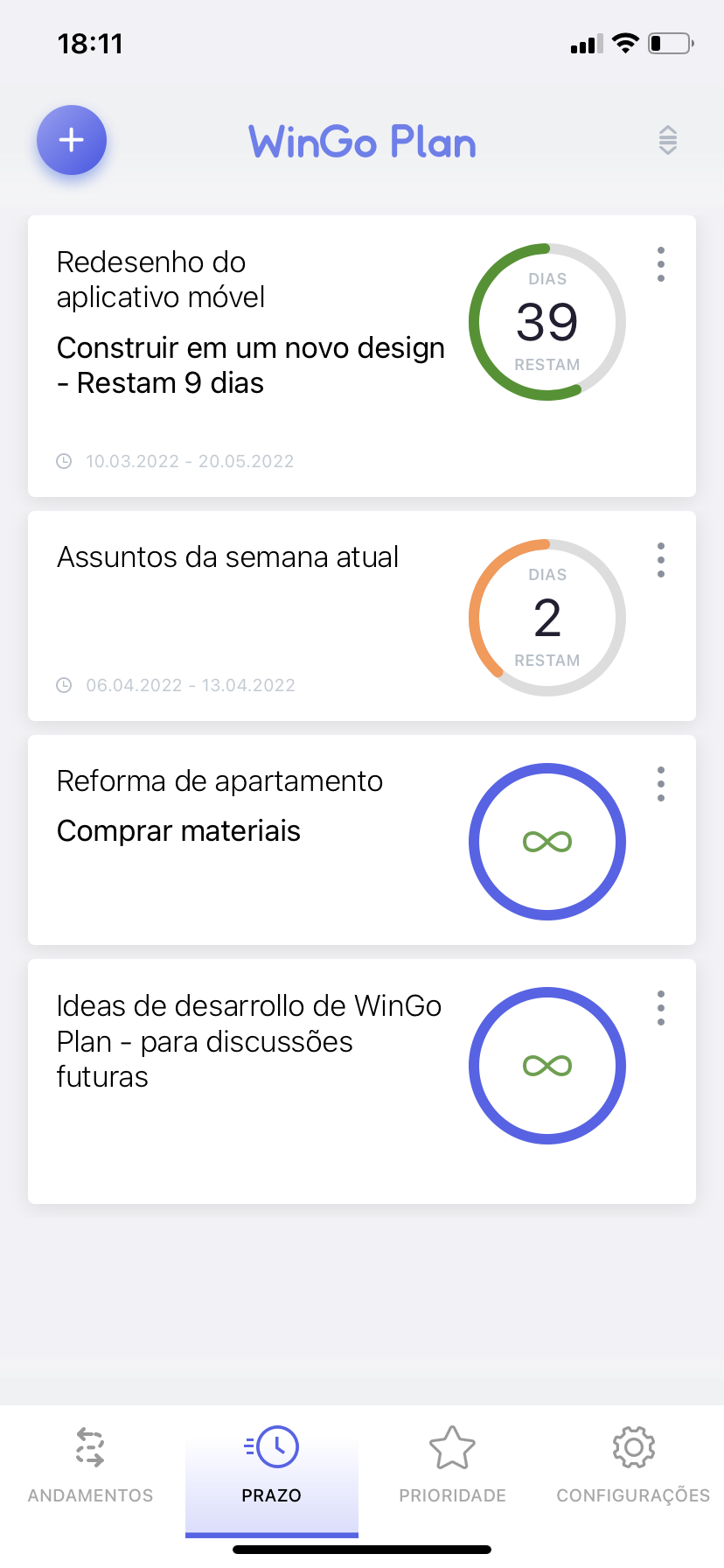 Planejador WinGo Plan: prazos dos projetos