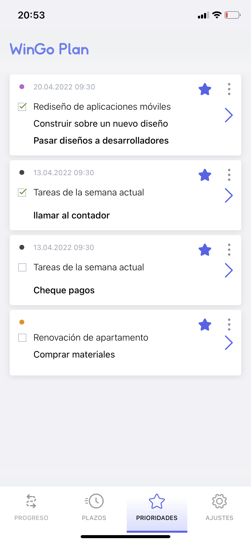 Planificador WinGo Plan: tareas prioritarias e hitos, plan diario