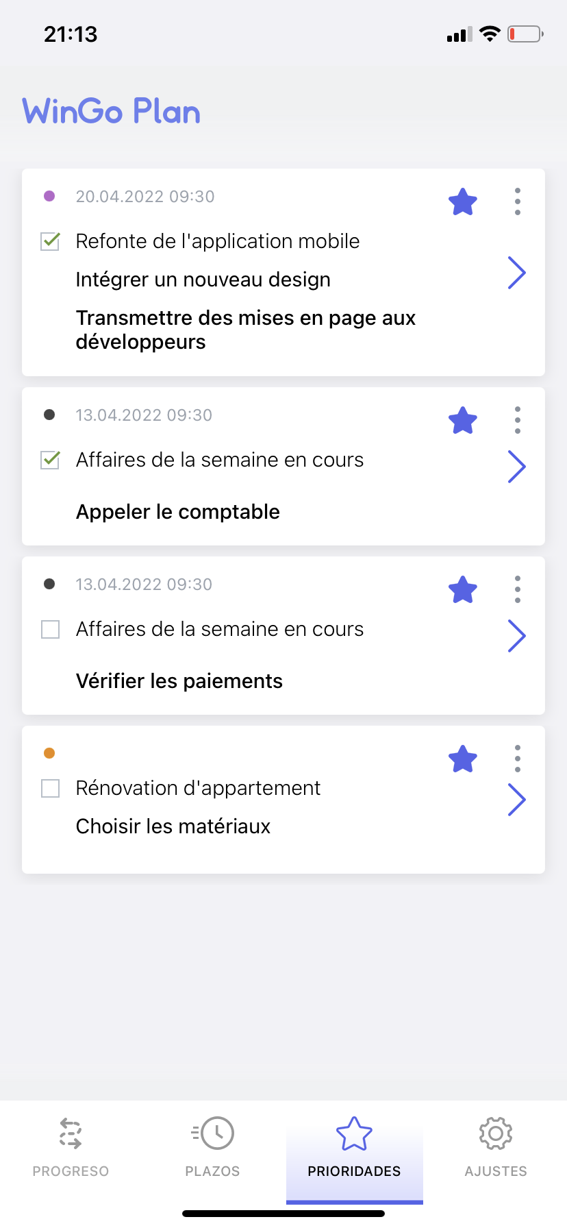 Planificateur WinGo Plan : tâches et jalons prioritaires, plan journalier